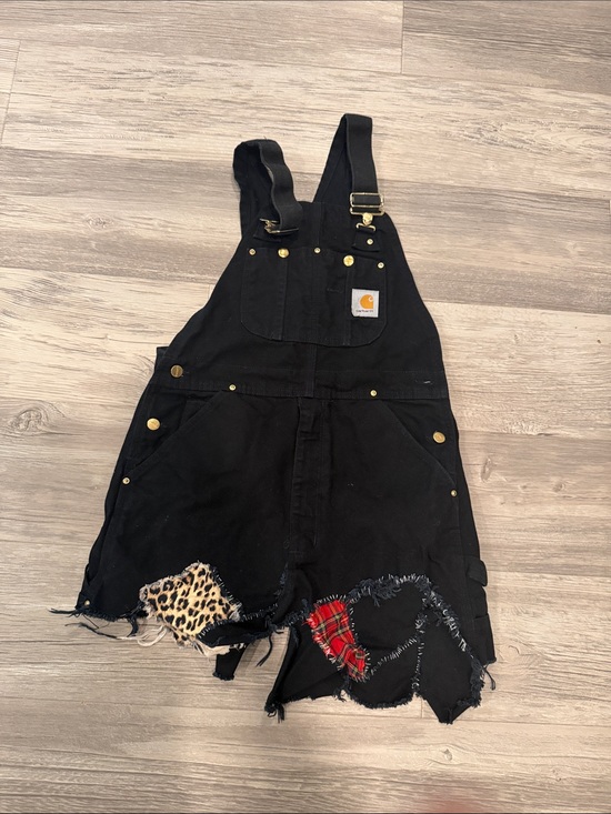 Carhartt Pants - Carhartt Black Short Denim Overalls with Plaid & Leopard Patchwork